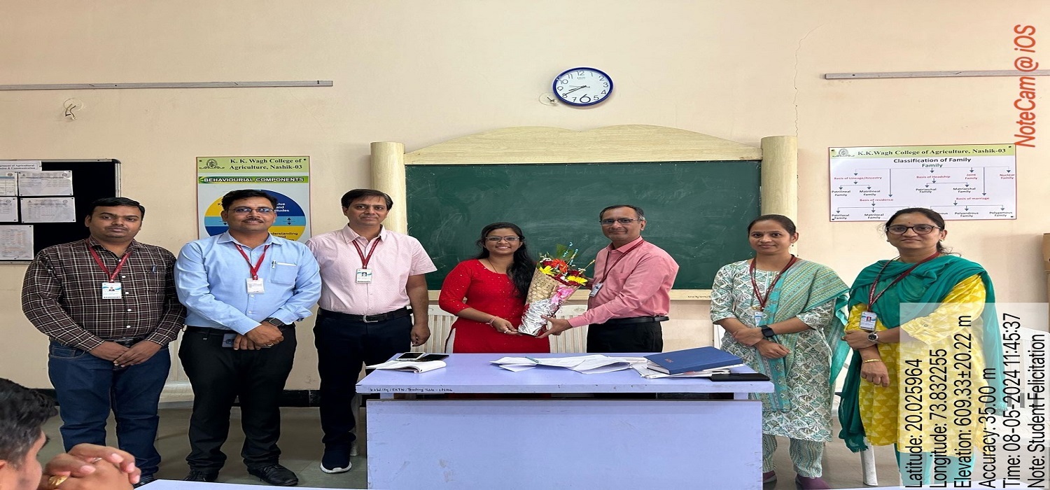 Felicitation of Miss.Rutuja Wachchaure by Dr. S. M. Hadole (Principal, K. K. Wagh Agriculture College, Nashik) selected as Jr.Asst Manager in IDBI Bank